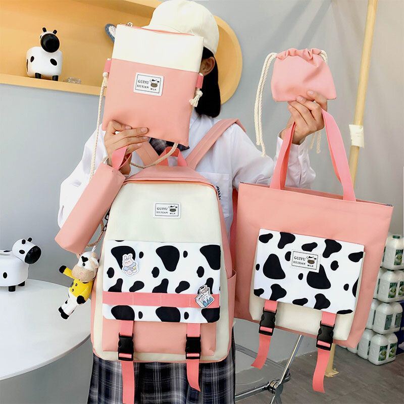 Naisten 5 Kpl Canvas Preppy Cow Pattern Monitoiminen Yhdistelmälaukku Reppu Tote Crossbody Bag Kytkinlompakko