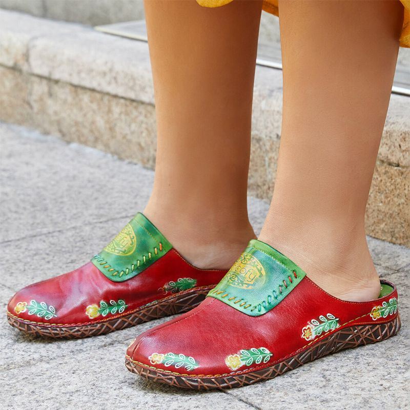 Naisten Aitoa Nahkaa Käsintehdyt Retro-etniset Kukka-slip-on Mukavat Suljetut Tossut