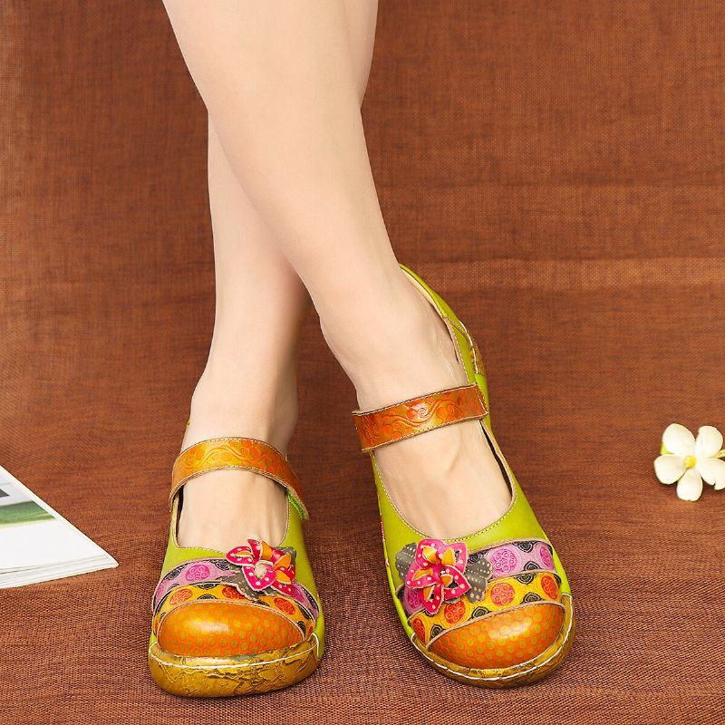 Naisten Aitoa Nahkaa Folkways Vintage Flowers Hook Loop Summer Platform Wedge Sandaalit