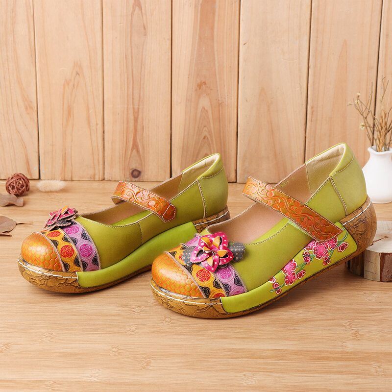 Naisten Aitoa Nahkaa Folkways Vintage Flowers Hook Loop Summer Platform Wedge Sandaalit