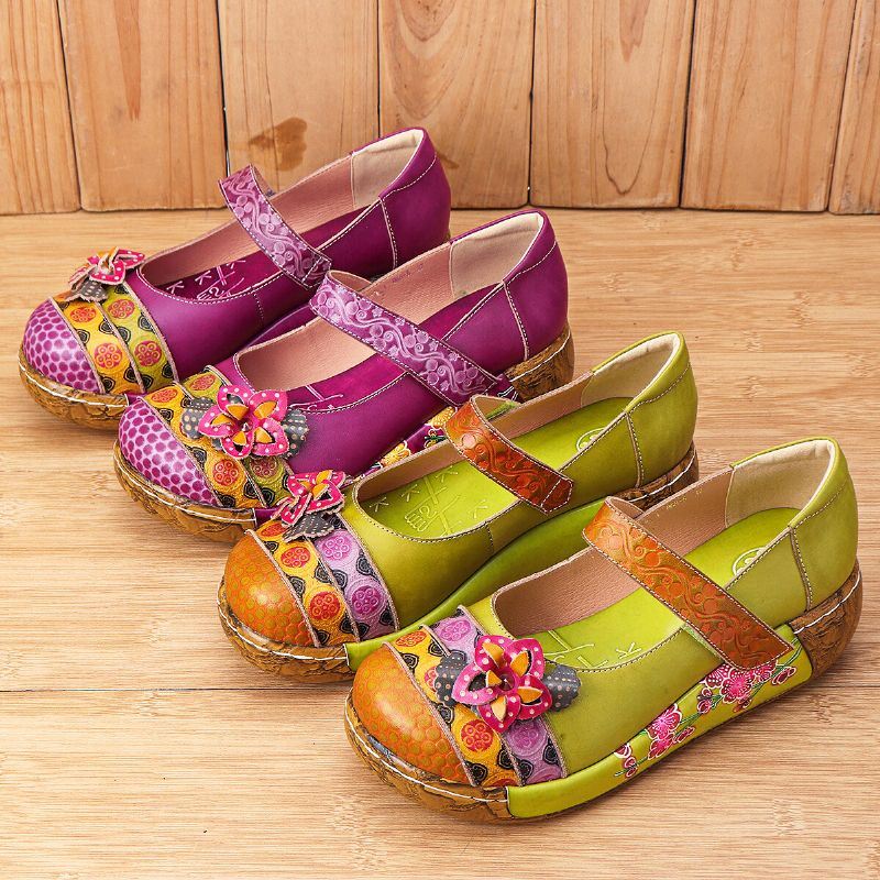 Naisten Aitoa Nahkaa Folkways Vintage Flowers Hook Loop Summer Platform Wedge Sandaalit