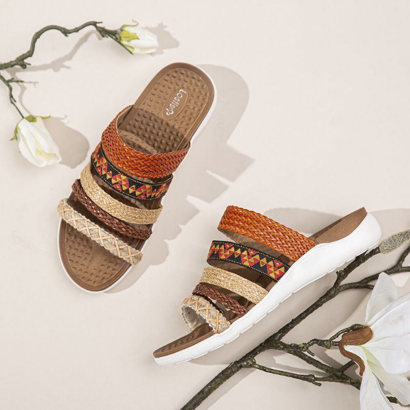 Naisten Bohemia Woven Open Toe Pehmeä Pohja Casual Slides Tasaiset Sandaalit