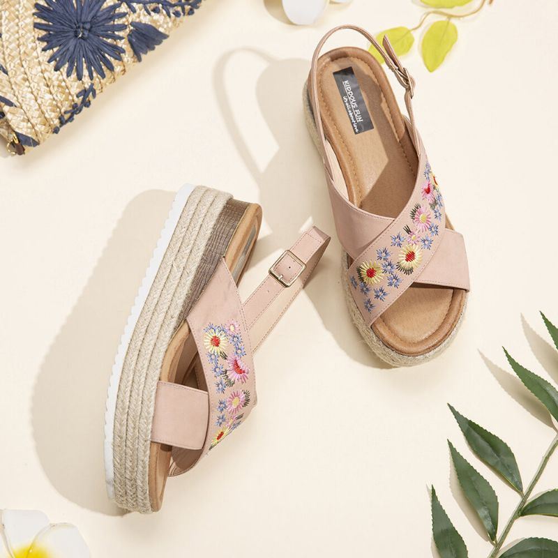 Naisten Espadrillit Kirjonta Kukat Ristihihna Slingback Casual Platform Sandaalit