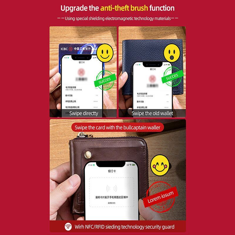 Miesten Aitoa Nahkaa Monitoiminen Bifold Vetoketjullinen Lompakot Antimagneettinen Monikorttipaikka Korttipidike Kolikkokukkaro
