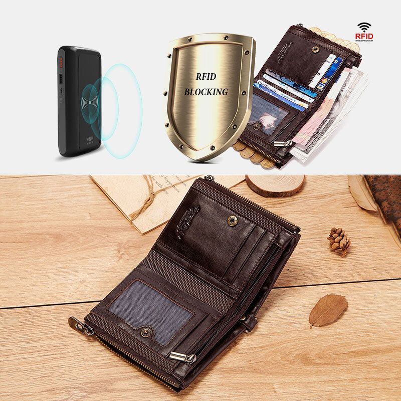 Miesten Bifold Lompakot Monitoiminen Ensimmäinen Kerros Lehmännahkainen Varkaudenestoharja Kaksoisvetoketjuinen Korttipidike Money Clip Kolikkokukkaro