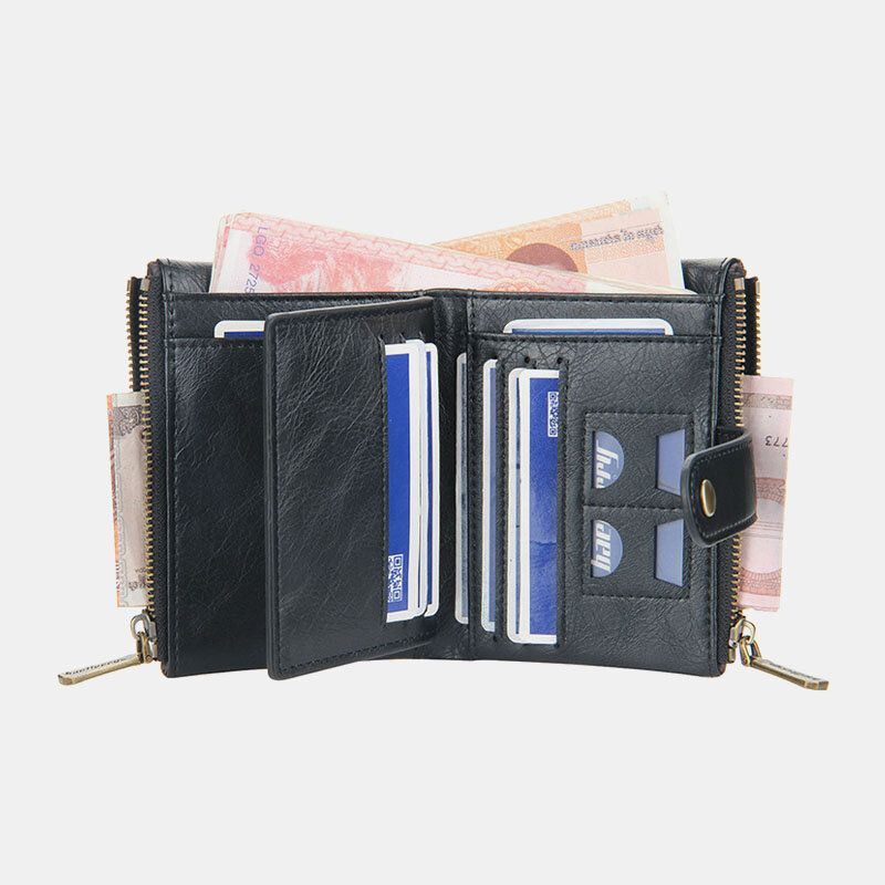 Miesten Pu Nahka Lyhyt Bifold Kaksoisvetoketju Monikorttipaikka Korttipidike Retro Kolikko Kukkaro Money Clip Lompakko