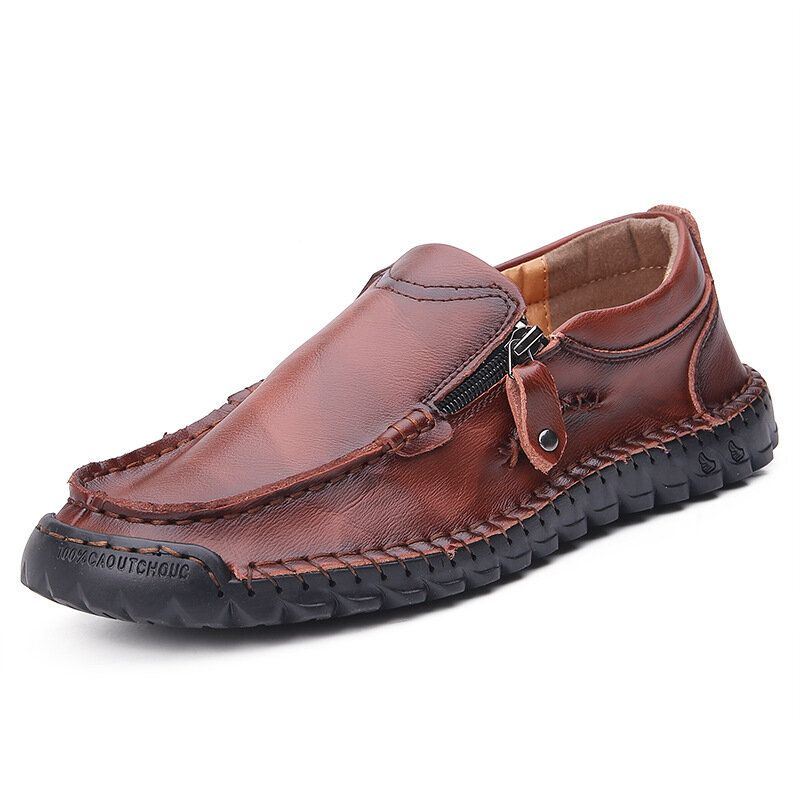 Miesten Käsinompeleet Nahka Pehmeä Sivuvetoketju Business Casual Slip On Litteät Kengät