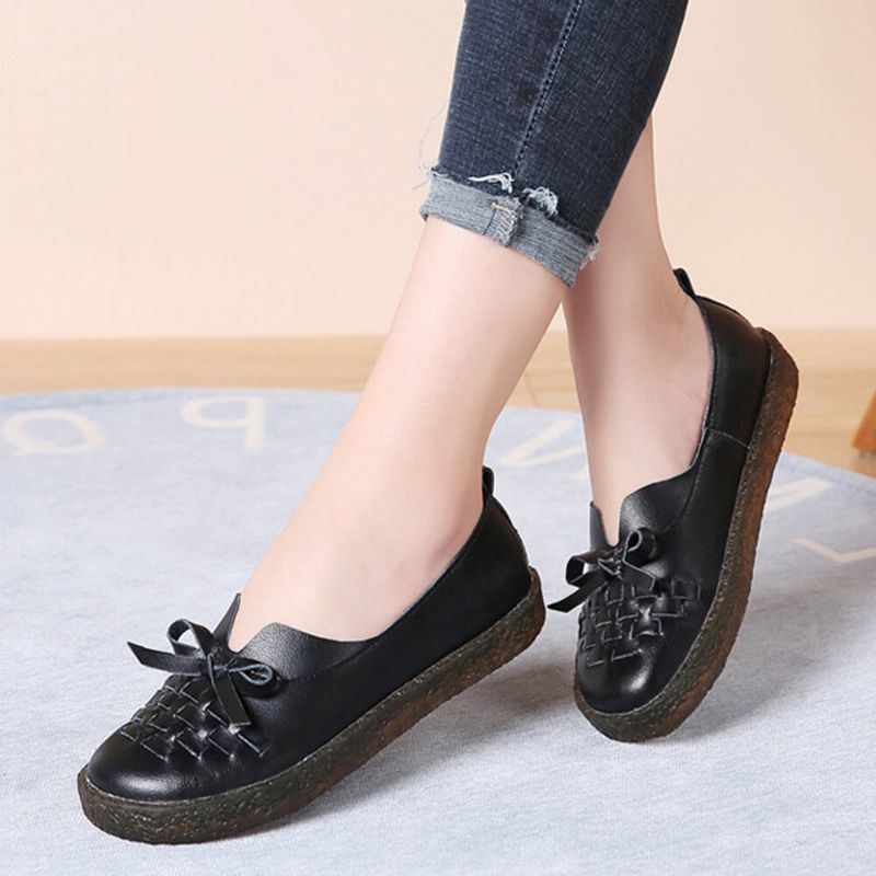 Naisten Nahkainen Slip On Yksivärinen Kudotut Bowknot Asakuchi Flats Loafers Kengät