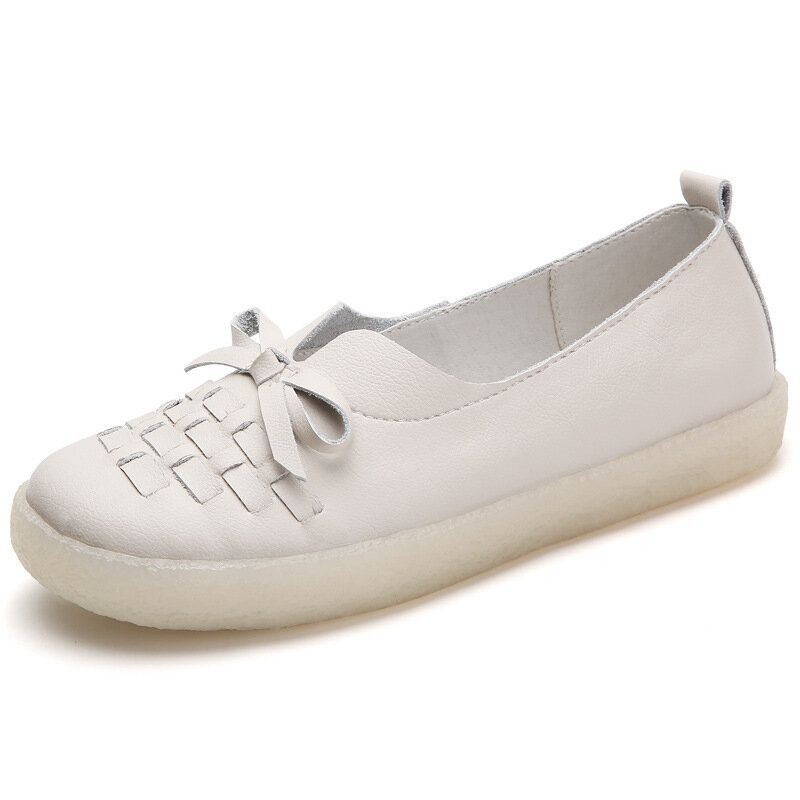 Naisten Nahkainen Slip On Yksivärinen Kudotut Bowknot Asakuchi Flats Loafers Kengät