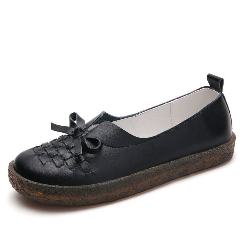 Naisten Nahkainen Slip On Yksivärinen Kudotut Bowknot Asakuchi Flats Loafers Kengät