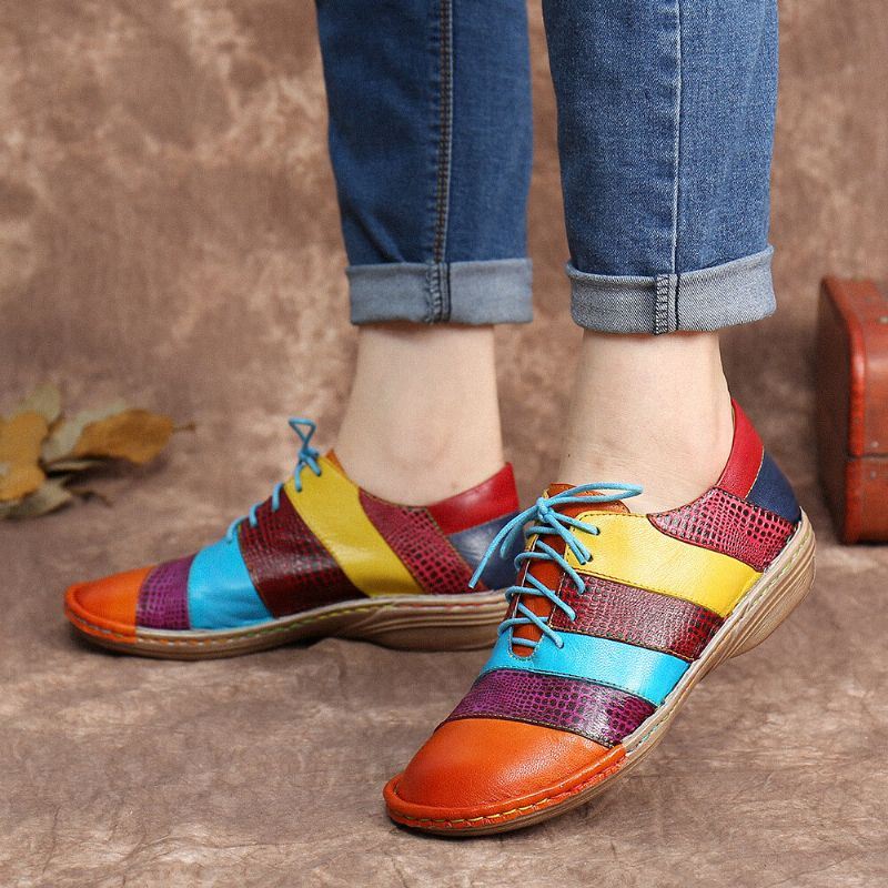 Naisten Retro-käsintehdyt Mukavat Nahkaiset Colorblock-kontrastiliitosnauhat Tasaiset Kengät
