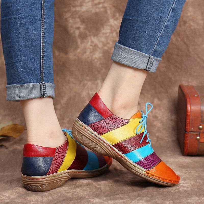 Naisten Retro-käsintehdyt Mukavat Nahkaiset Colorblock-kontrastiliitosnauhat Tasaiset Kengät