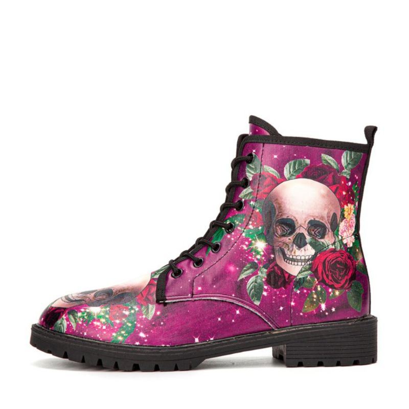 Miesten Nahka Halloween Pehmeä Pohja Pyöreä Toe Hauska Pääkallo Printing Casual Martin Boots