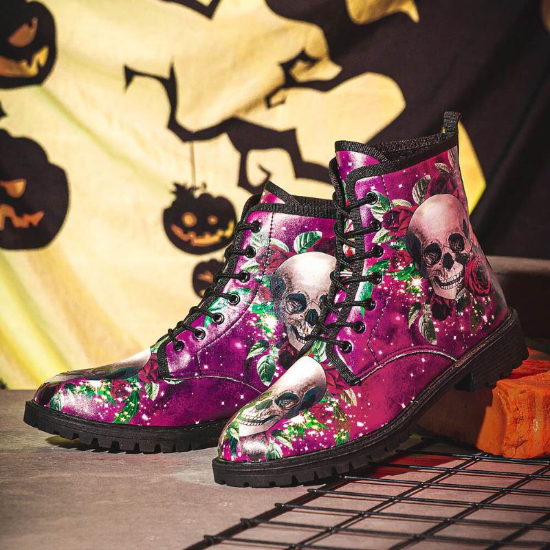 Miesten Nahka Halloween Pehmeä Pohja Pyöreä Toe Hauska Pääkallo Printing Casual Martin Boots