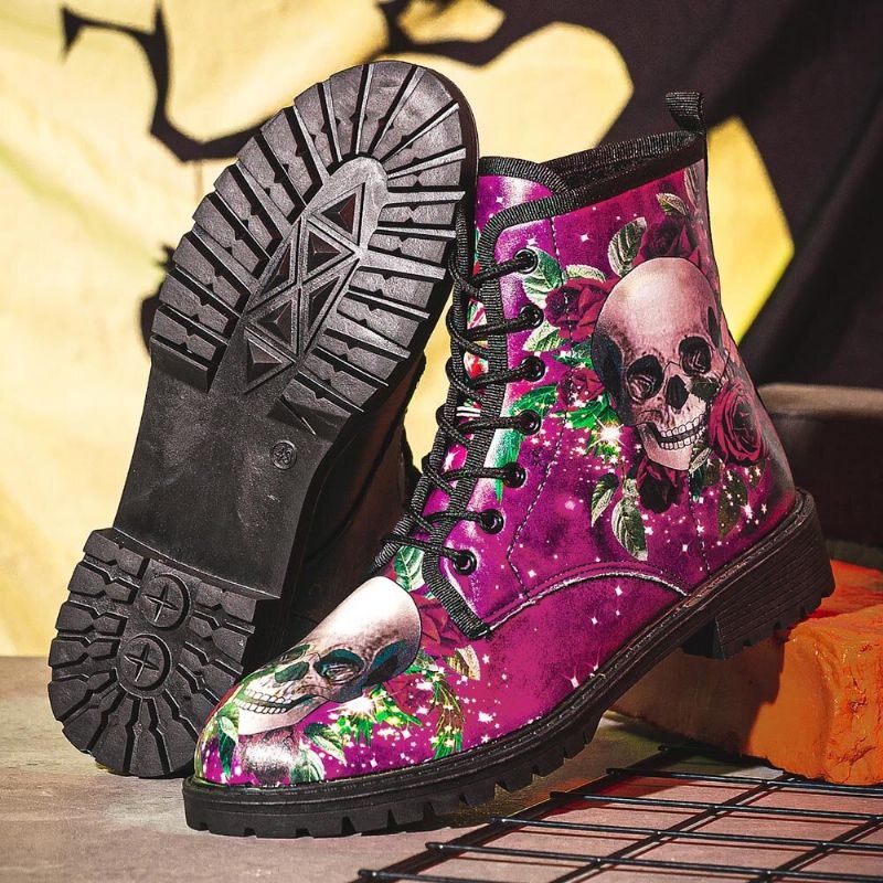 Miesten Nahka Halloween Pehmeä Pohja Pyöreä Toe Hauska Pääkallo Printing Casual Martin Boots