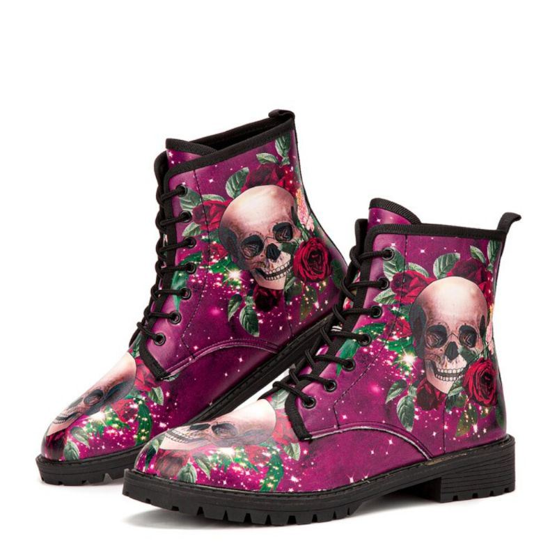 Miesten Nahka Halloween Pehmeä Pohja Pyöreä Toe Hauska Pääkallo Printing Casual Martin Boots