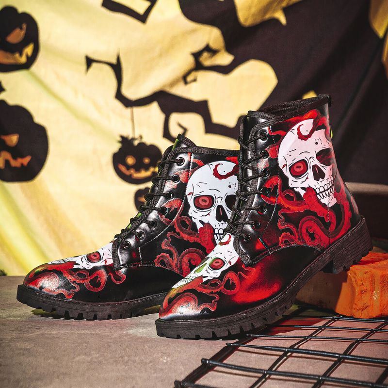 Miesten Nahka Halloween Pehmeä Pohja Pyöreä Toe Platform Skull Printing Mukavat Vapaa-ajan Saappaat