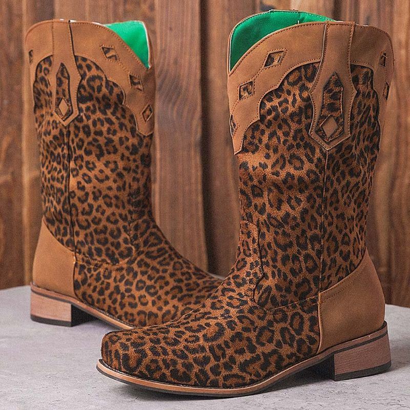 Naisten Isokokoiset Retro Etniset Mukavat Neliömäiset Leopard Cowboysaappaat