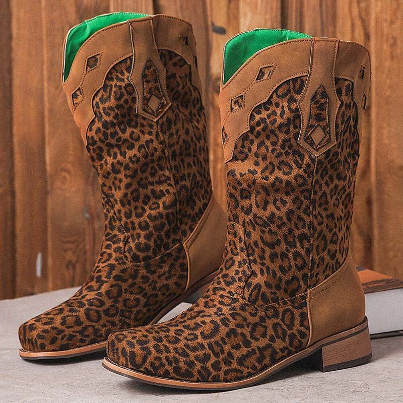 Naisten Isokokoiset Retro Etniset Mukavat Neliömäiset Leopard Cowboysaappaat