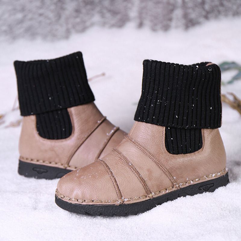 Naisten Lehmännahkaiset Nahkaompeleet Lämmin Vuori Slip-on Flat Snow Lyhyet Saappaat