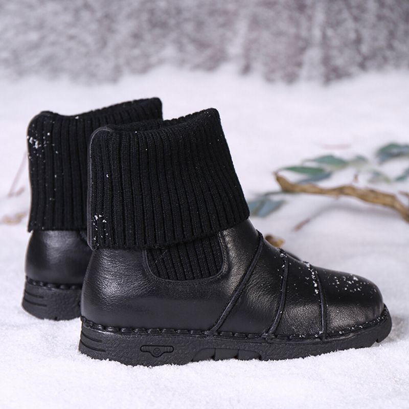 Naisten Lehmännahkaiset Nahkaompeleet Lämmin Vuori Slip-on Flat Snow Lyhyet Saappaat