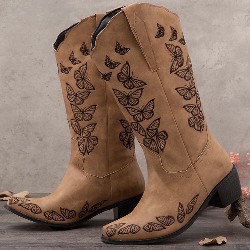 Naisten Plus Size Retro Butterfly Brodeeratut Pohkeen Cowboysaappaat