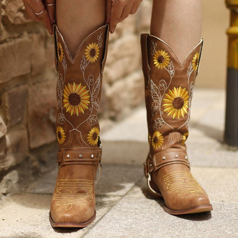Naisten Retro-auringonkukkikuvioinen Teräväkärkinen Paksu Kantapäävaljaat Cowboy-saappaat