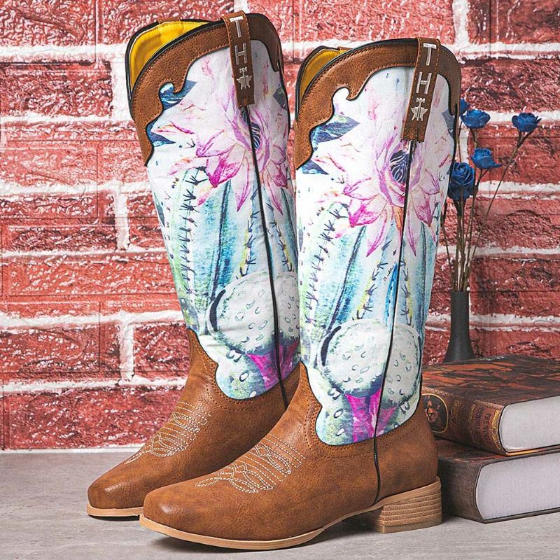 Naisten Retro-kukkakuvioiset Neliönvarvassuojattavat Cowboysaappaat