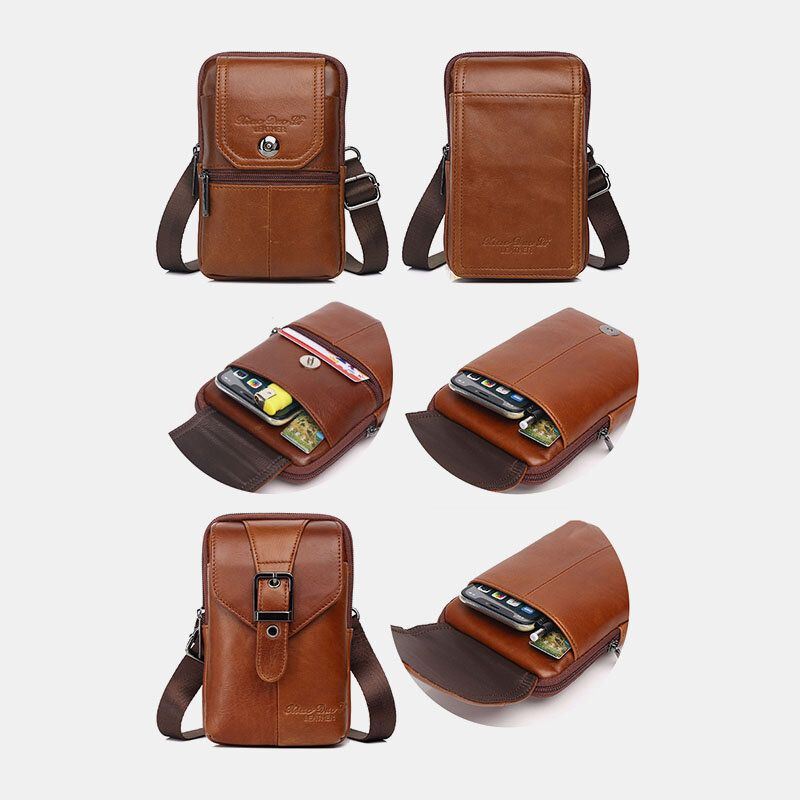 Miesten Aitoa Nahkaa Vintage Monikorttipaikka 6.5 Tuuman Minipuhelinlaukku Crossbody Laukku Vyötärölaukku Lehmännahkainen Laukku