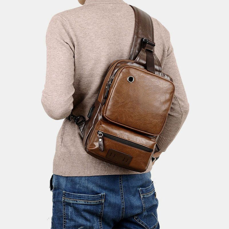 Miesten Pu Nahka Vintage Monitoimi Kuulokeaukko Usb Lataus Crossbody Bag Rintalaukku Sling Bag