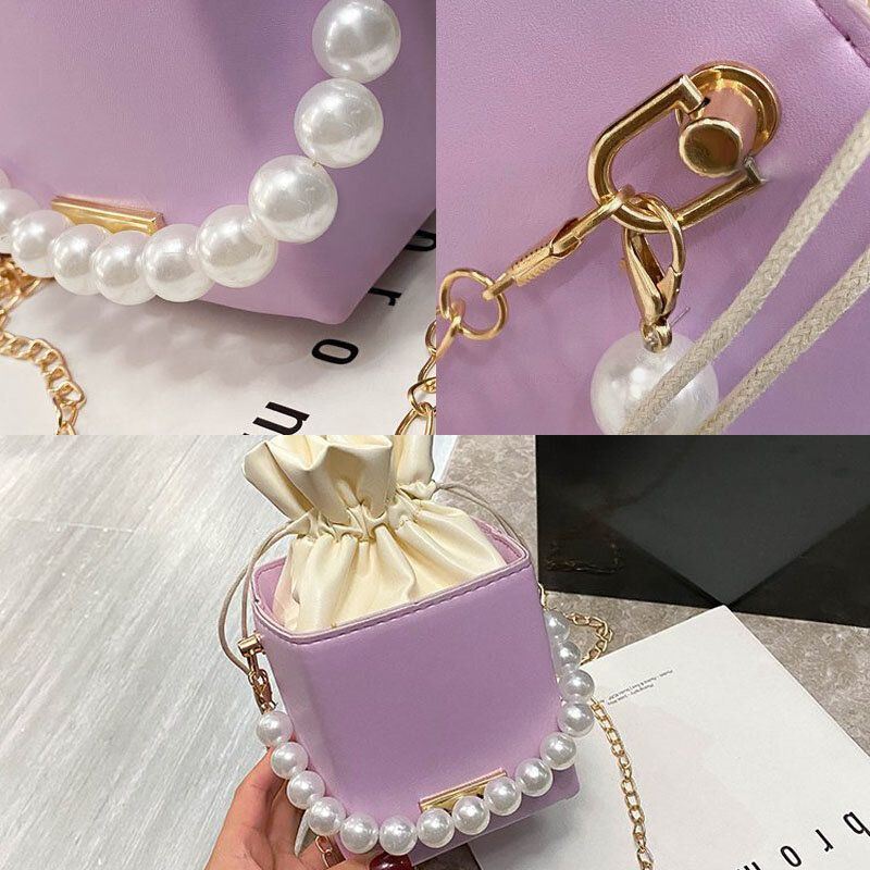 Naiset Pu Nahka Suorakulmio String Pearl Chain Puhelinlaukku Käsilaukku Olkalaukku Crossbody Laukut