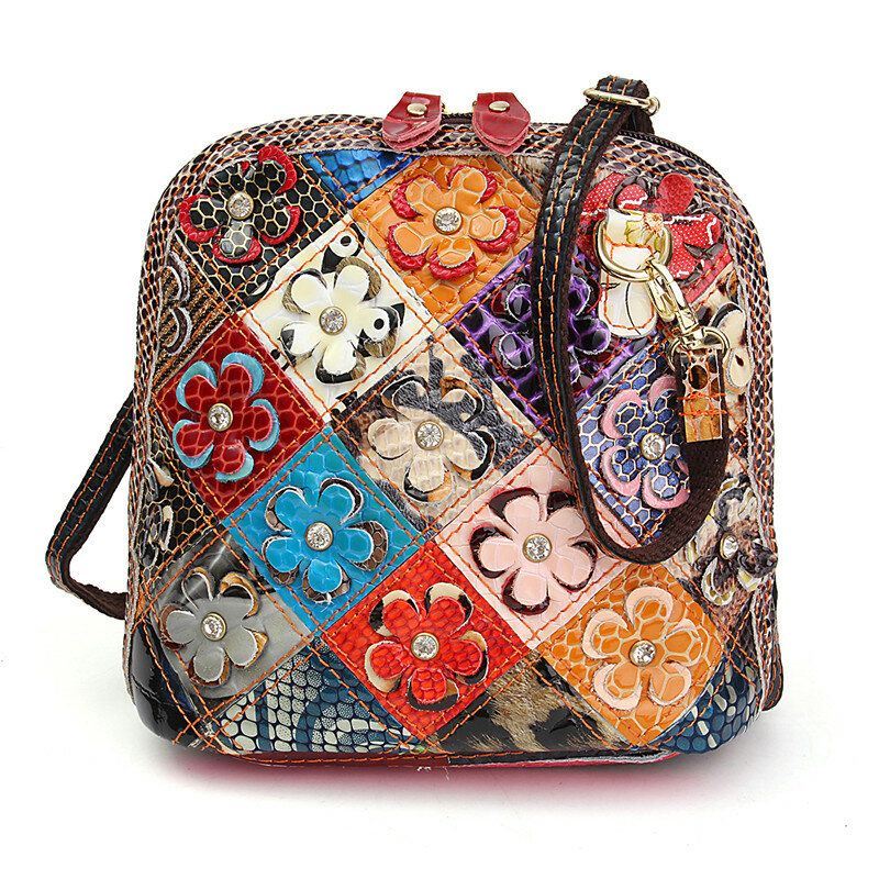 Naisten Aitoa Nahkaa Patchwork Kukkainen Crossbody Laukku