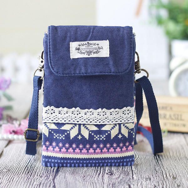 Naisten Denim Kolme Välikerrosta Kukkapainatus Mini Olkalaukut Pitsi Crossbody Laukut 6.0 Tuuman Puhelinlaukku