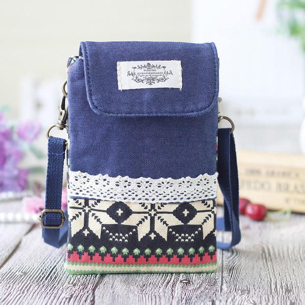 Naisten Denim Kolme Välikerrosta Kukkapainatus Mini Olkalaukut Pitsi Crossbody Laukut 6.0 Tuuman Puhelinlaukku