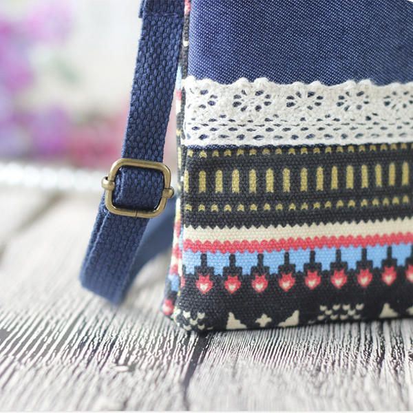 Naisten Denim Kolme Välikerrosta Kukkapainatus Mini Olkalaukut Pitsi Crossbody Laukut 6.0 Tuuman Puhelinlaukku