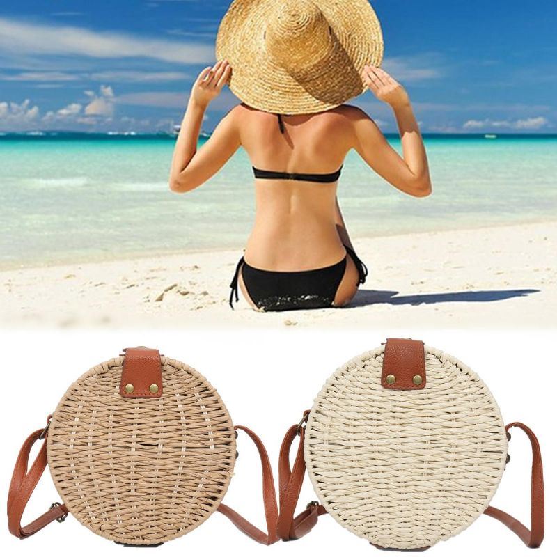 Naisten Kesäinen Pyöreä Olkiolkalaukku Vintage Woven Beach Tote Crossbody Käsilaukku