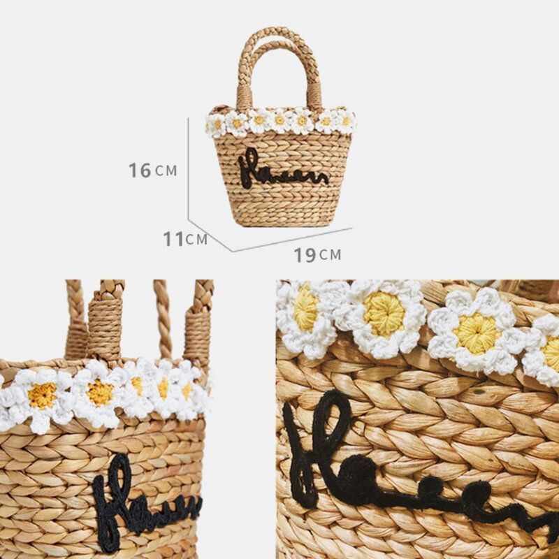 Women Travel Daisy Beach Weave Straw Crossbody Bag Bucket Bag