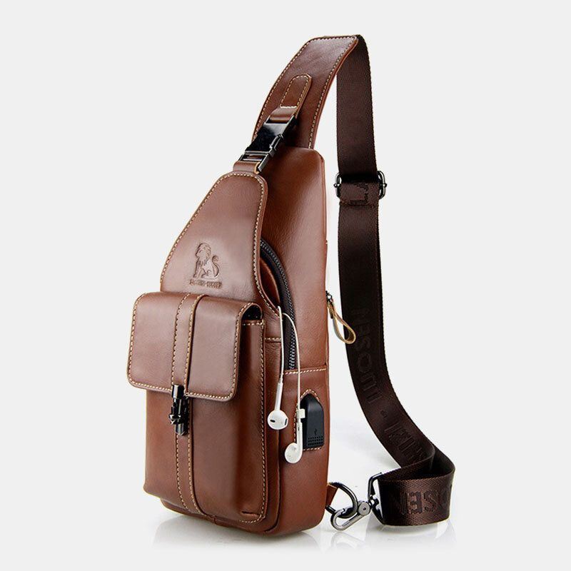 Miesten Aito Nahkainen Usb-lataus Retro Casual Lehmännahkainen Rintalaukku Sling Bag Crossbody Laukku