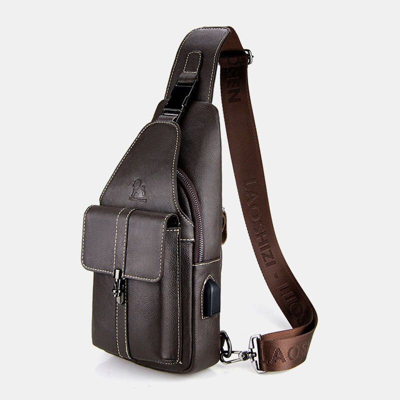 Miesten Aito Nahkainen Usb-lataus Retro Casual Lehmännahkainen Rintalaukku Sling Bag Crossbody Laukku