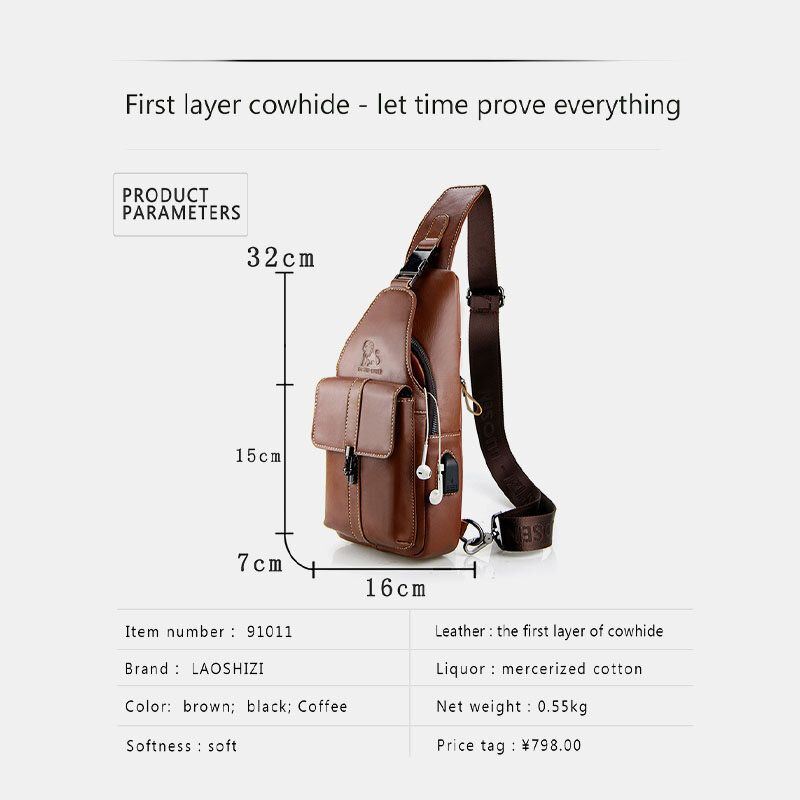 Miesten Aito Nahkainen Usb-lataus Retro Casual Lehmännahkainen Rintalaukku Sling Bag Crossbody Laukku