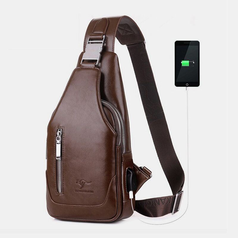 Miesten Pu Nahka Business Casual Outdoor Vedenpitävä Multi-carry Olkalaukku Crossbody Bag Rintalaukku Usb-latauksella