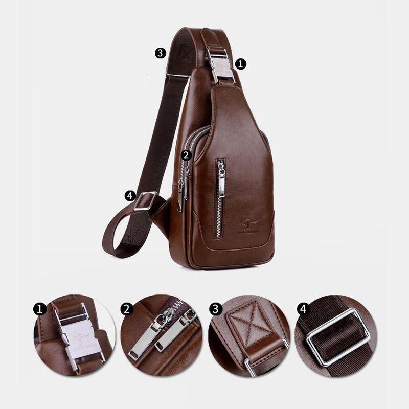 Miesten Pu Nahka Business Casual Outdoor Vedenpitävä Multi-carry Olkalaukku Crossbody Bag Rintalaukku Usb-latauksella