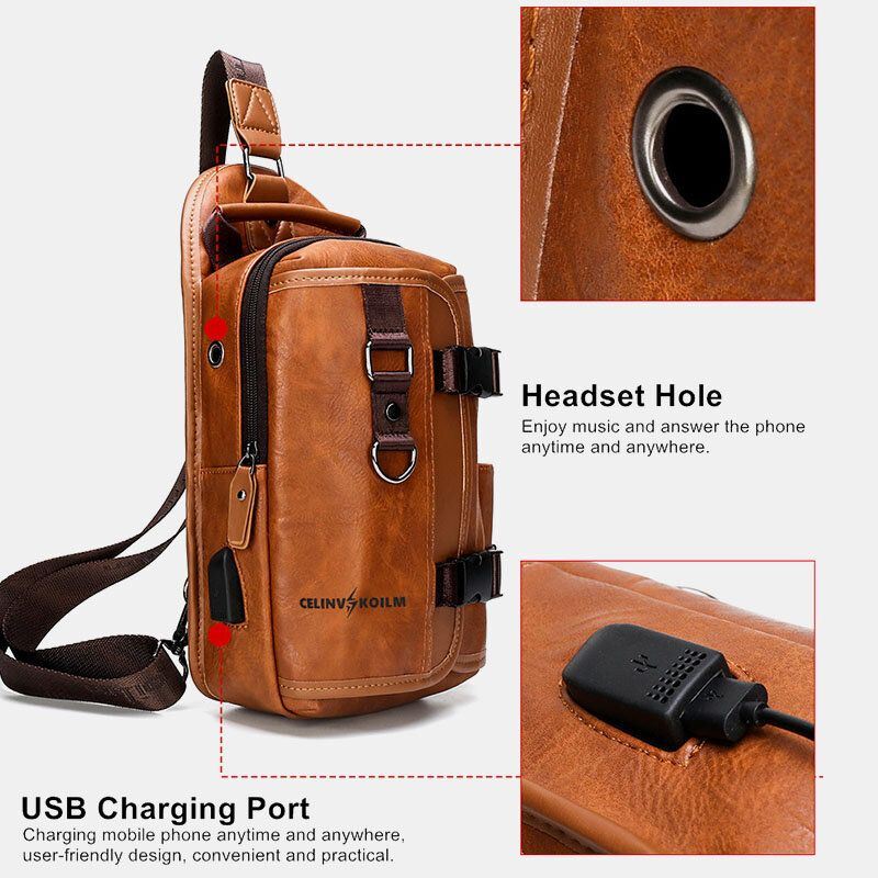 Miesten Pu Nahka Suuri Kapasiteetti Monitoimikuulokkeiden Reikä Usb-lataus Lyhyen Matkan Hihnalaukut Crossbody Bag Rintalaukku