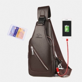 Miesten Pu Nahka Usb-lataus Vedenpitävä Kuulokeaukko Business Crossbody Bag Rintalaukku Sling Bag