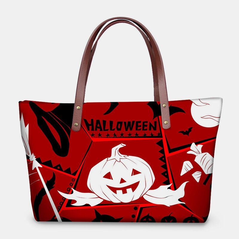 Naiset Pu Nahka Neopreeni Halloween Style Pumpkin Skull Festival Pattern Suuri Kapasiteetti Äitilaukku Opiskelijalaukku Olkalaukku Käsilaukku