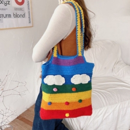 Naiset Rainbow Stripe Sarjakuva Söpö Rento Nuorten Villaneulottu Laukku Käsilaukku Tote Crossbody Laukku