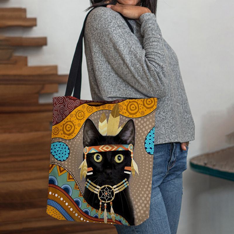 Naiset Tuntuvat Söpöiltä Sarjakuva Egyptiläispukeutunut Musta Kissakuvioinen Olkalaukku Käsilaukku
