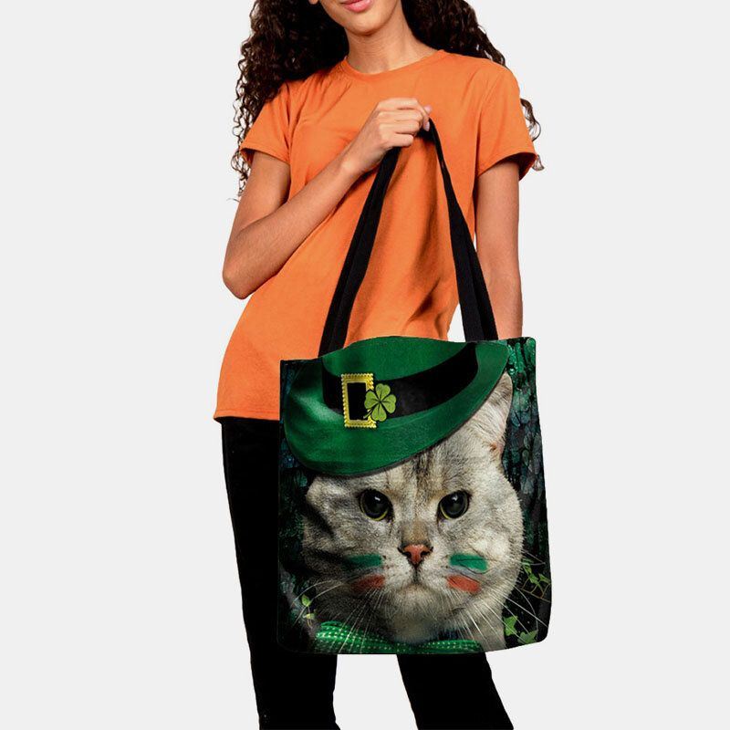 Naisten Clover Cat Pattern -tuloste Happy St Patrick Day Olkalaukku Käsilaukku Tote