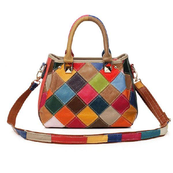 Naisten Patchwork Lehmännahkainen Värikäs Käsilaukku Tote Käsilaukku Crossbody Bag