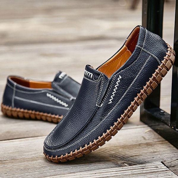 Kengät Miesten Aito Nahka Käsinompeleella Pehmeä Pohja Slip On Oxfords